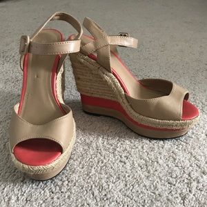 Sbicca Tan and Coral Wedges